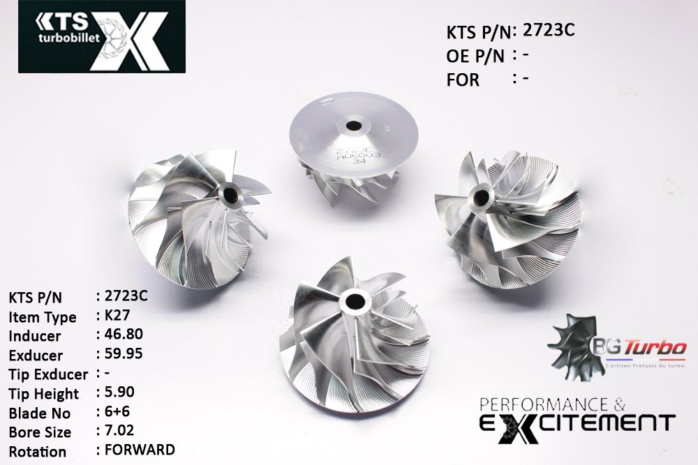 Turbo ROUE FORGÉE MFS PERFORMANCE - 6+6 PALES - INDUCER : 46,8 - EXDUCER : 59,95 - TYPE : K27ANGLE : 60° - ROTATION : Forward - SUPER BACK : 3,7 - BORE SIZE : 7,02
